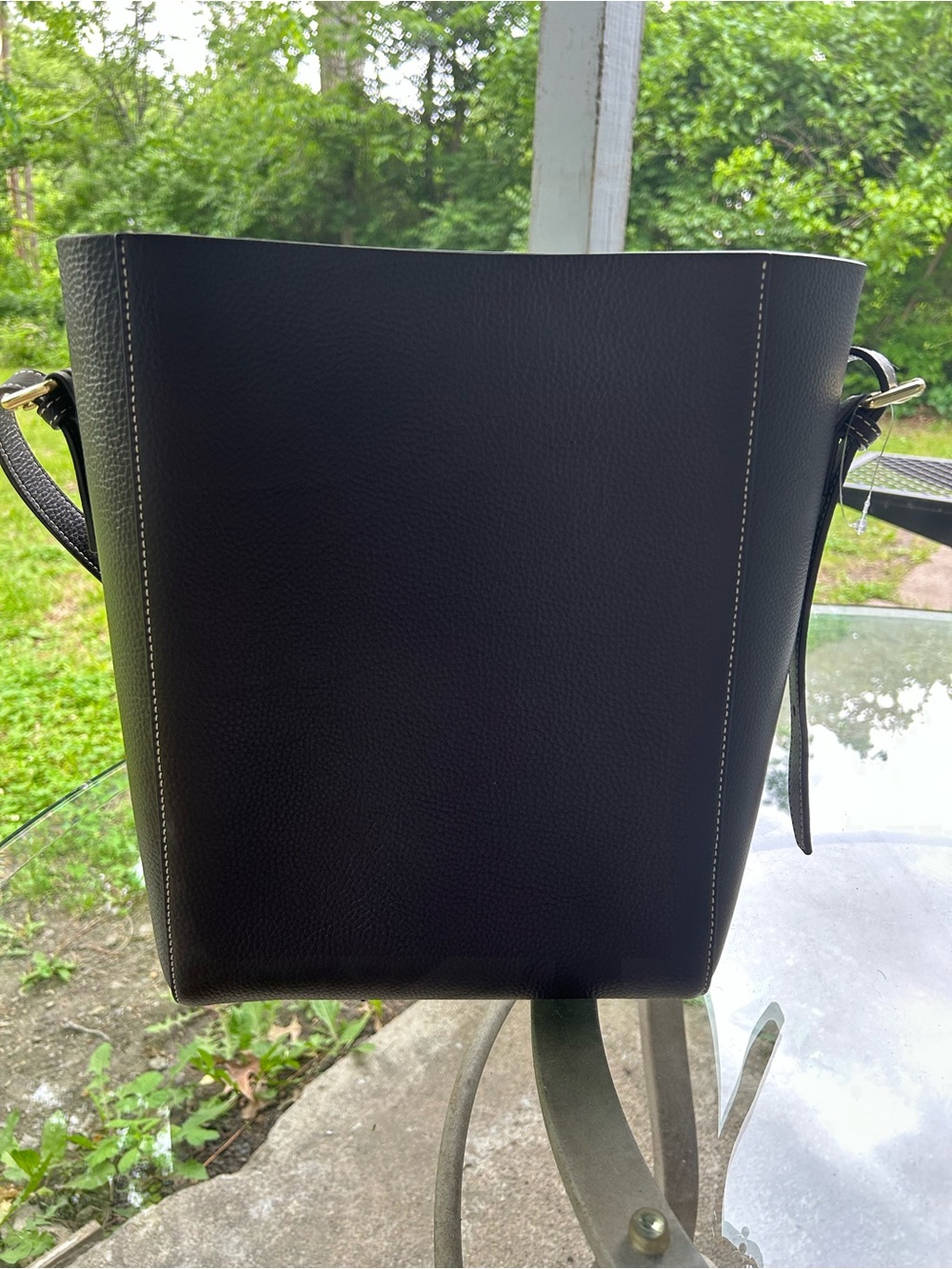 Structured Black Leather Bucket Tote